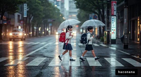 雨の日の通学風景