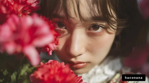 花々に囲まれた少女の表情