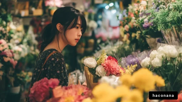 花屋で選ぶ女性の横顔