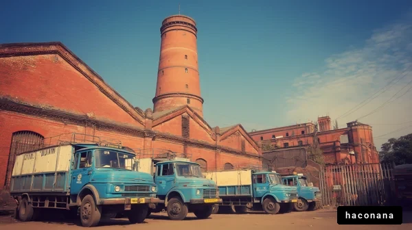 青いトラックとレンガの建物