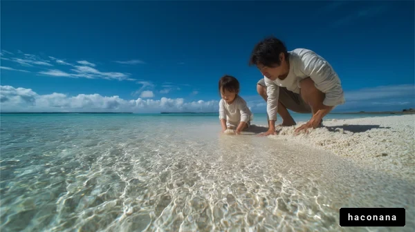 海辺で遊ぶ親子の情景