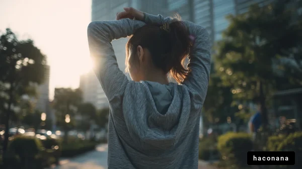 夕暮れの公園でストレッチ