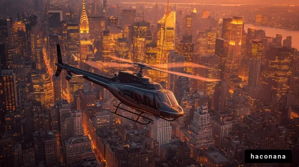 夕暮れのニューヨークのヘリコプター