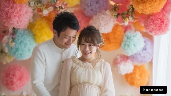 カラフルな背景の妊婦写真