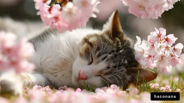 花びらの中で眠る猫