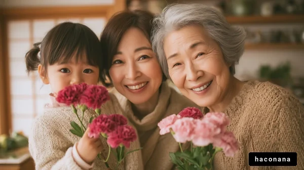 三世代の笑顔と花