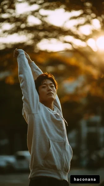 夕陽の中でストレッチする若者