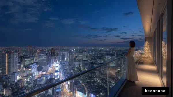 夜景を望む美しい女性