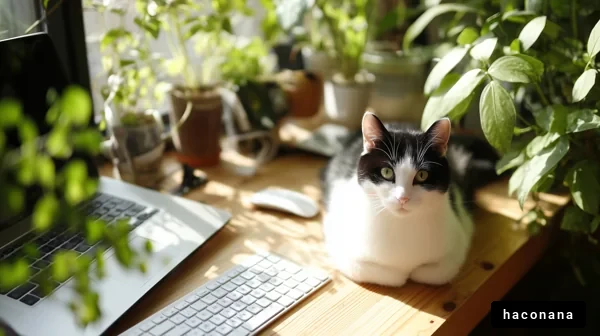 猫と植物のあるデスク