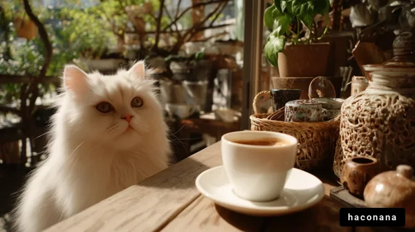 カフェで過ごす真っ白な猫