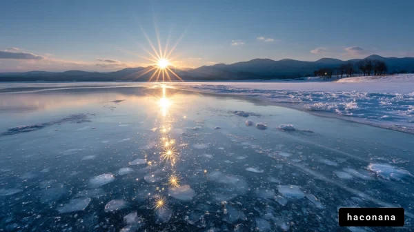 凍った湖の美しい夕日