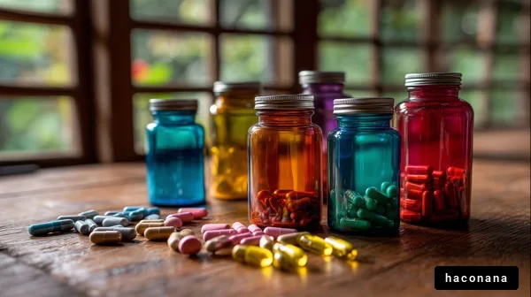カラフルな薬瓶とカプセル