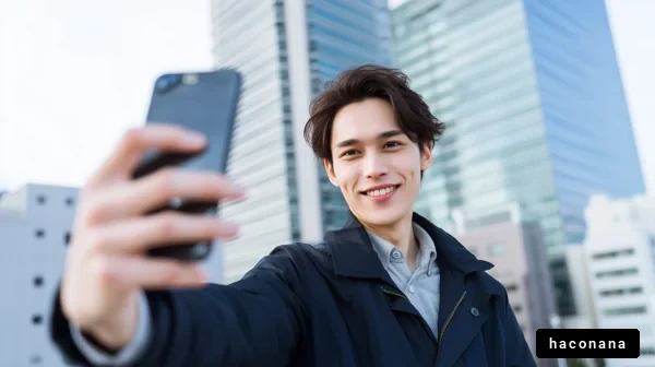 都会で自撮りを楽しむ青年