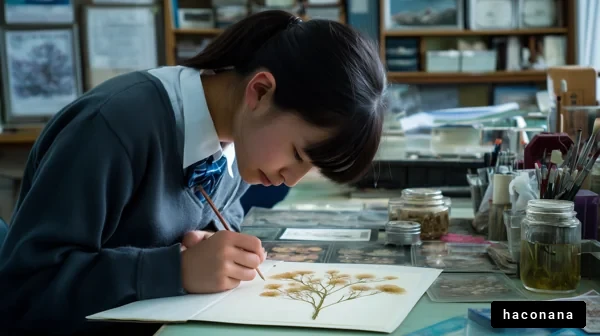 細やかな絵を描く学生