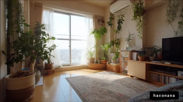 明るい植物のあるリビング