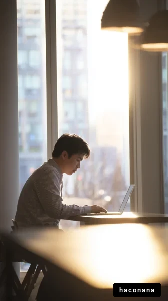 窓際で働くビジネスマン