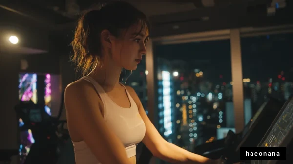 夜のジムでの女性