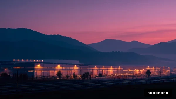 工場と山の夕暮れ