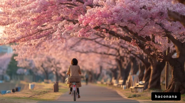 桜の木の下を自転車で