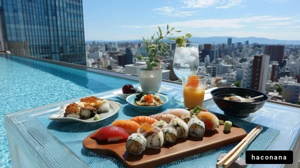 高層ビルの景色と寿司