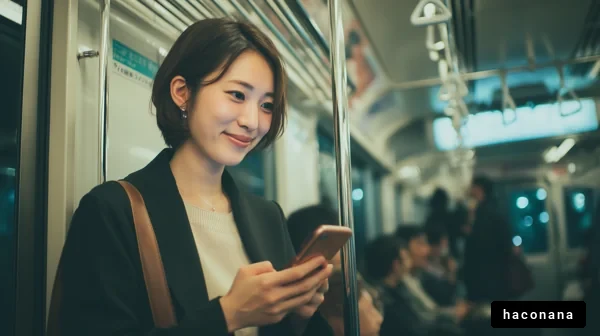 地下鉄でスマホを使う女性