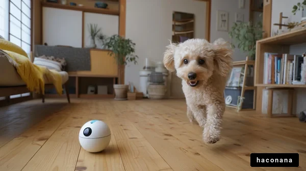 室内で遊ぶ犬とロボット