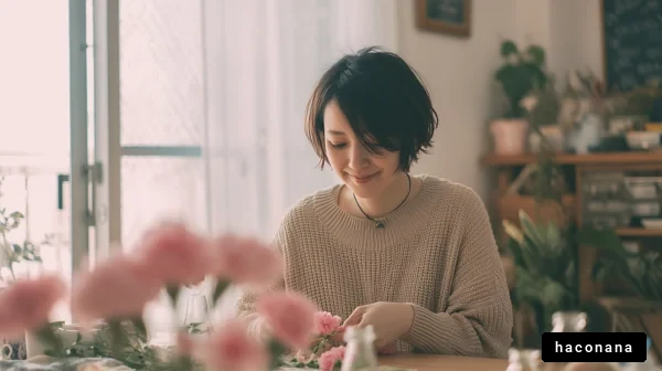 フラワーアレンジメントを楽しむ女性