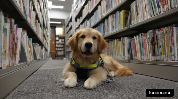 図書館で休む犬