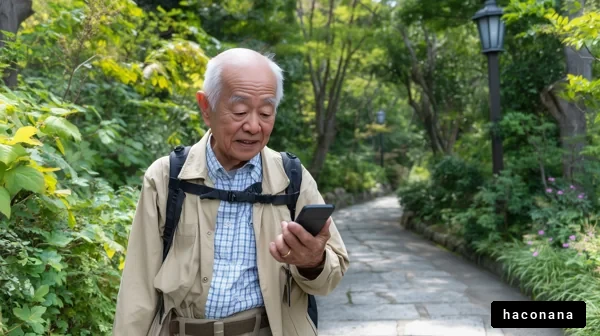 公園でスマホを使う高齢者