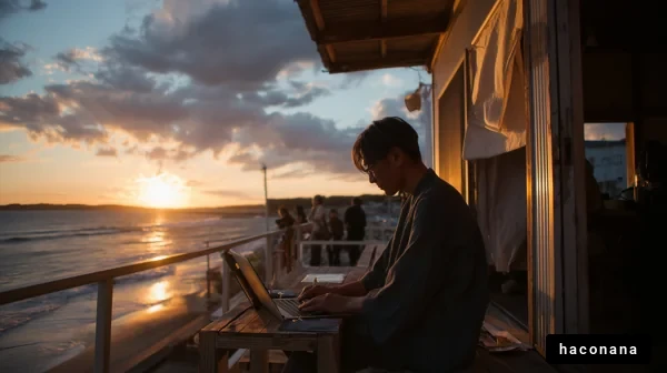 夕日を背にした作業