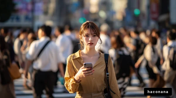 忙しい街の中で立つ女性