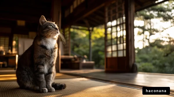 和室の猫と夕日