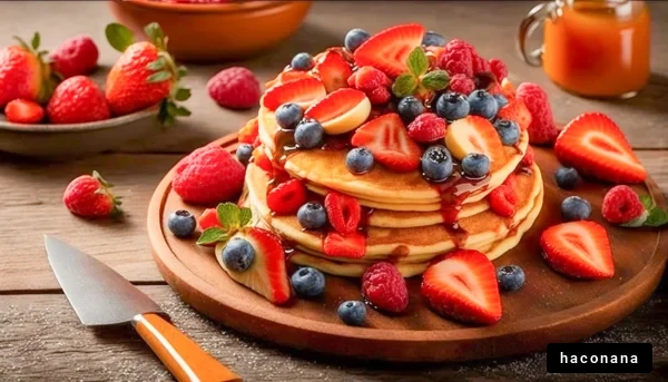 フルーツとパンケーキの朝食