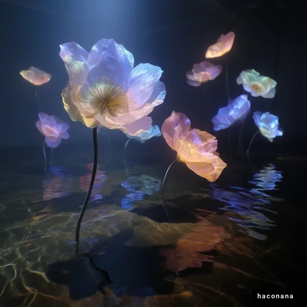 幻想的な水面の花々