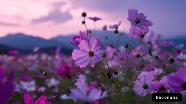 夕暮れに咲くコスモスの花
