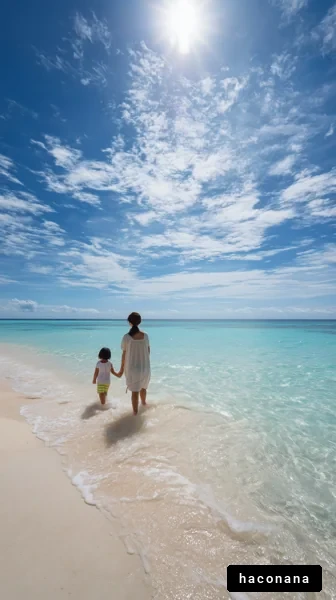 海辺で歩く親子