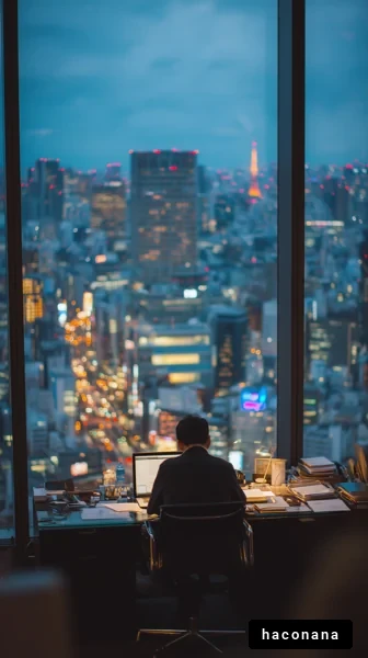 夜の都市で働くビジネスマン