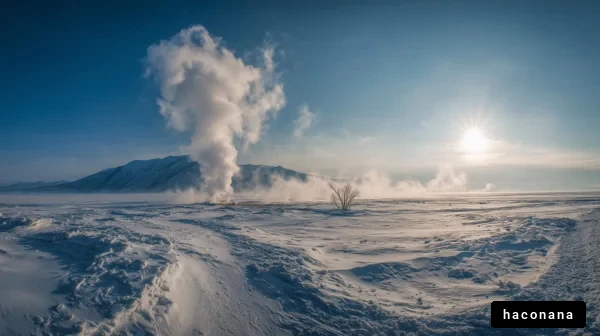 雪原の温泉蒸気
