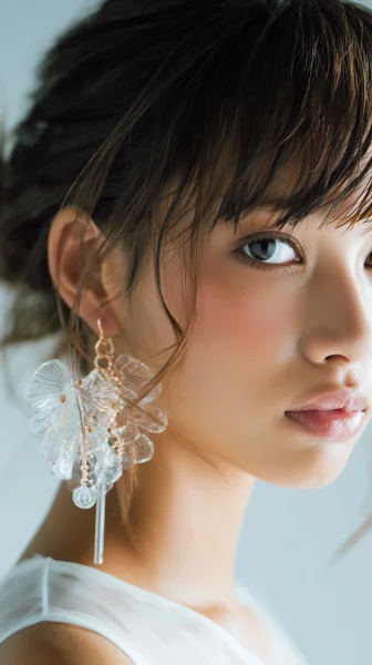 透明フラワーピアスの女性