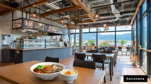 カフェの窓際でラーメン