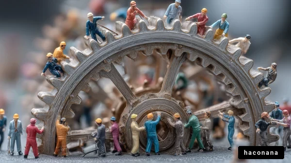 働く人々と歯車の模型