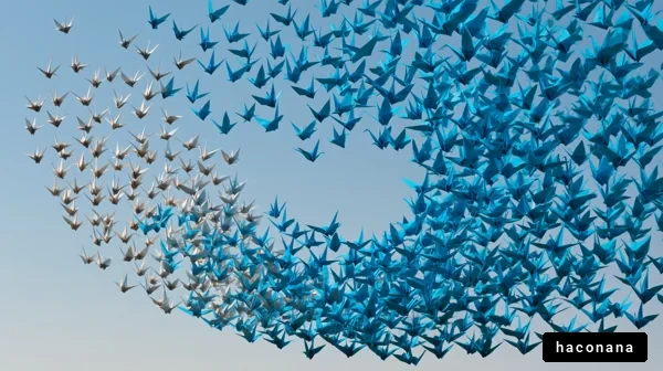 舞い上がる折り鶴の群れ