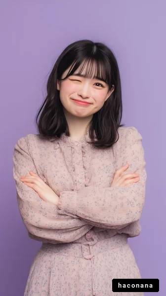 紫バックの笑顔女性