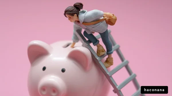 貯金箱に登る女性のフィギュア