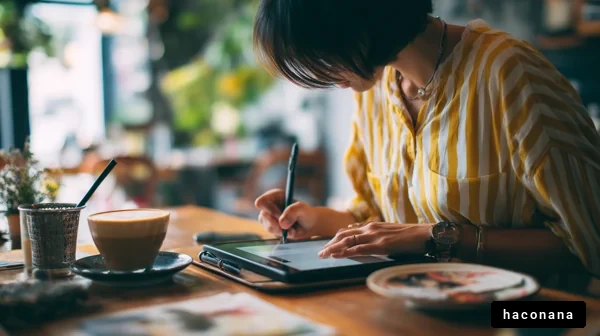 カフェで作業する女性