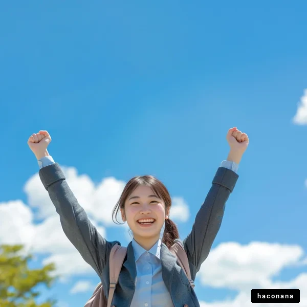 晴れやかな空の下で喜ぶ女性