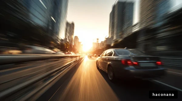 都市の夕暮れと走る車