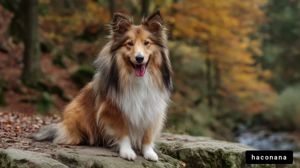 秋の森に佇む犬