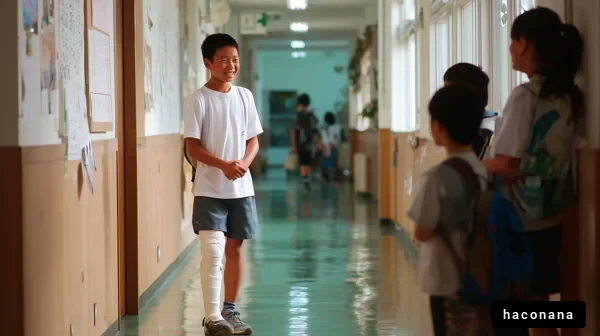 学校の廊下での笑顔