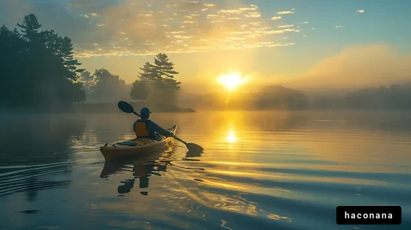 朝日の中でカヤックを楽しむ